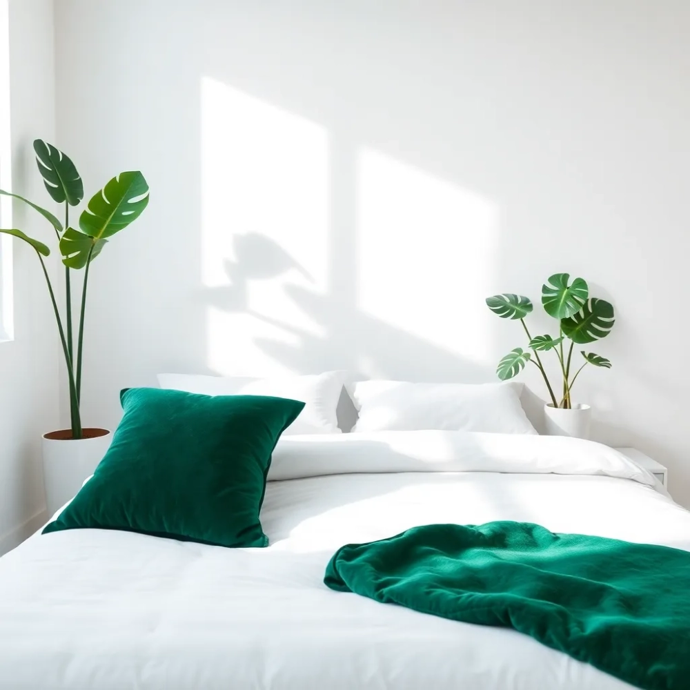 Biała sypialnia z zielonymi dodatkami