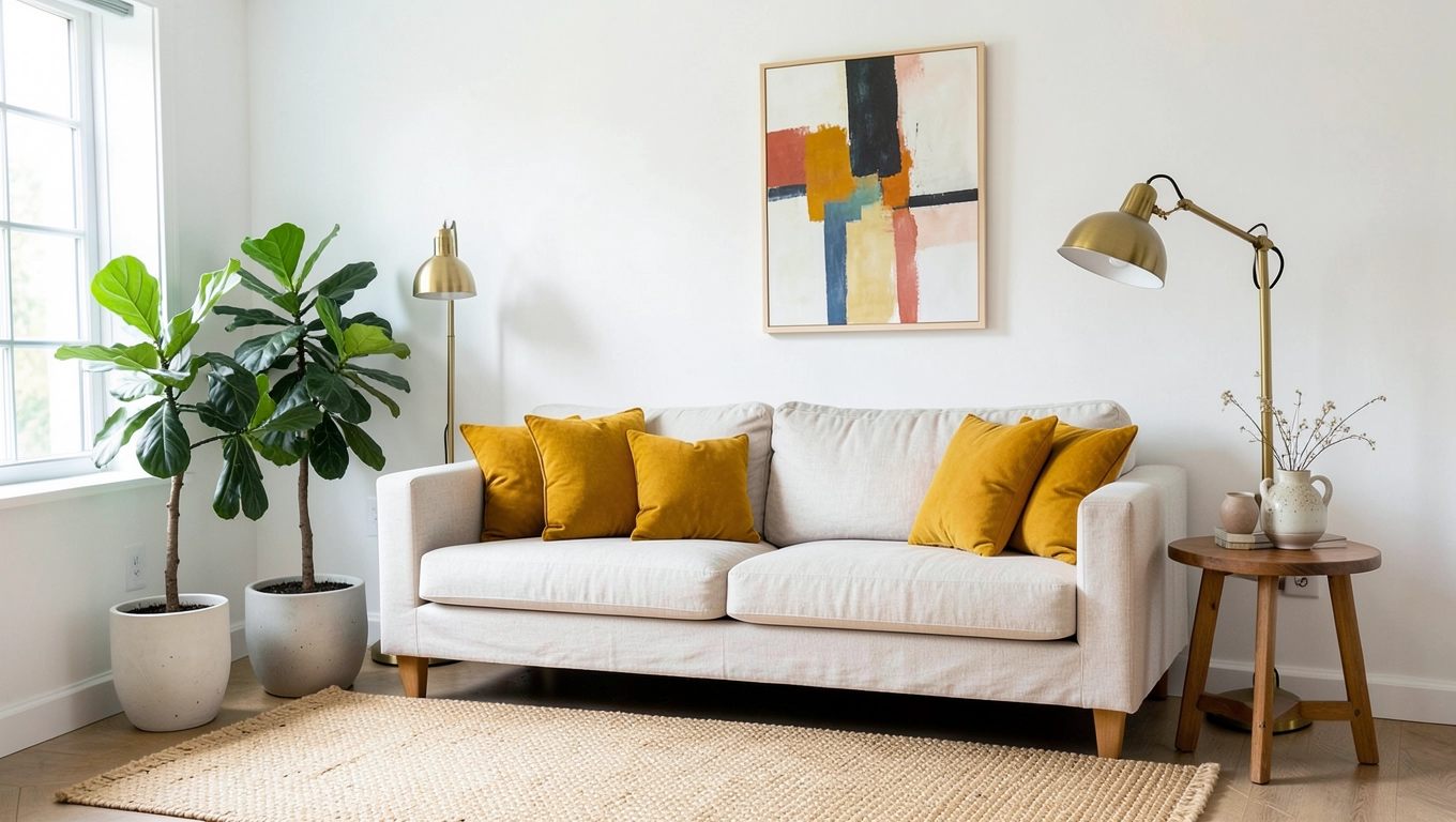 Białe ściany w salonie jakie dodatki