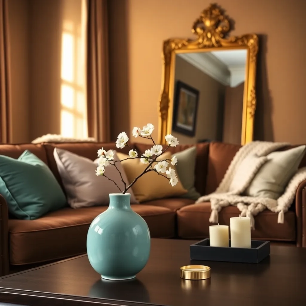 Brązowy salon jakie dodatki