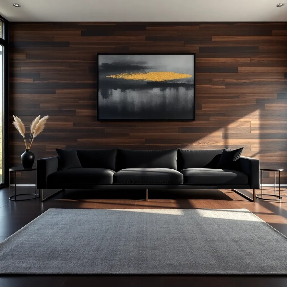 Czarny salon z drewnem