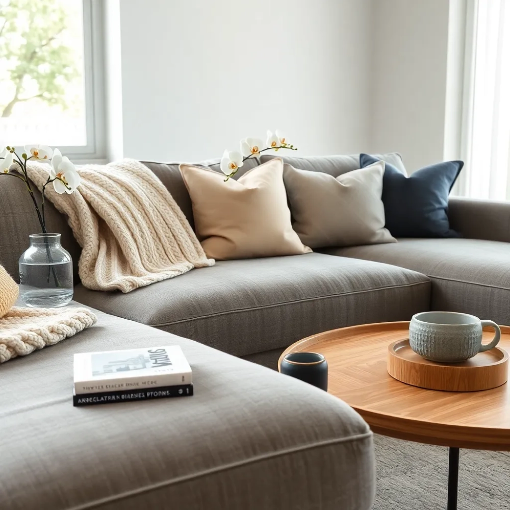 Dodatki do szarej kanapy w salonie