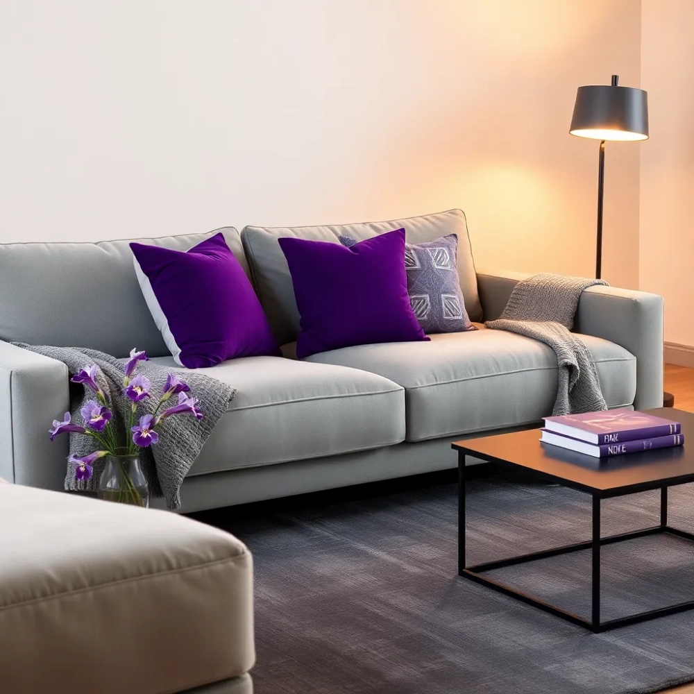 Fioletowe dodatki do szarego salonu