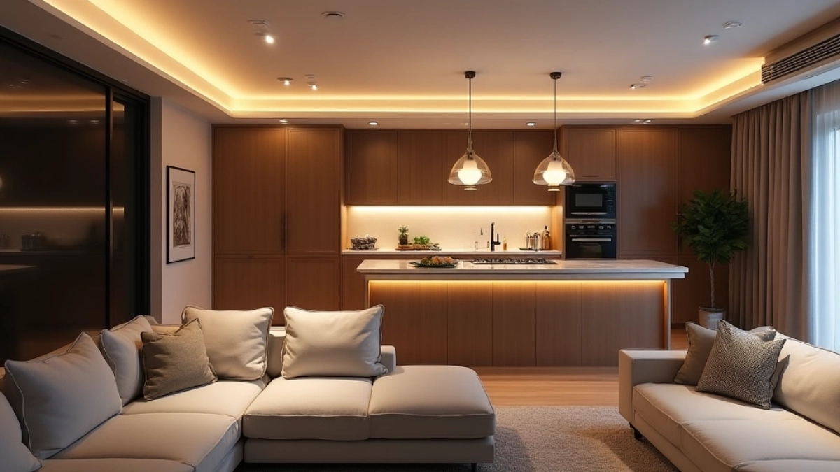 Inspiracje oświetlenie salonu z aneksem kuchennym