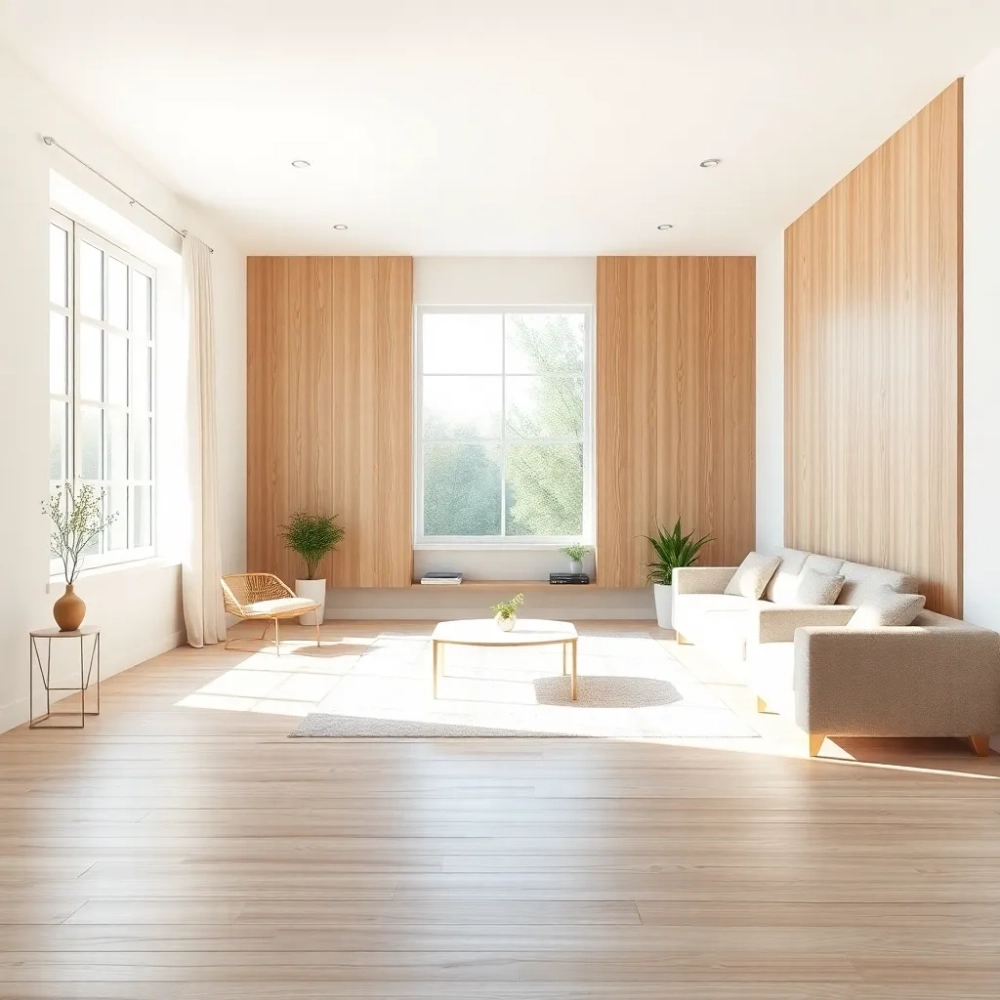 Jasny salon z drewnem