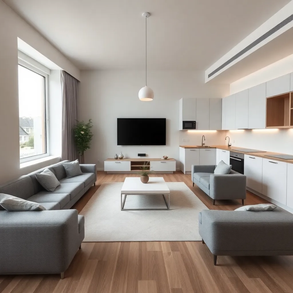 Kwadratowy salon z aneksem