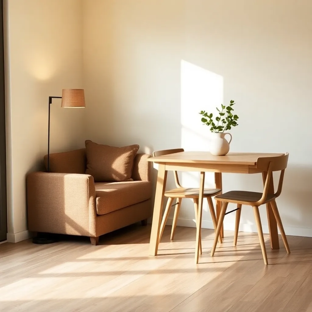 Mały salon w bloku ze stołem