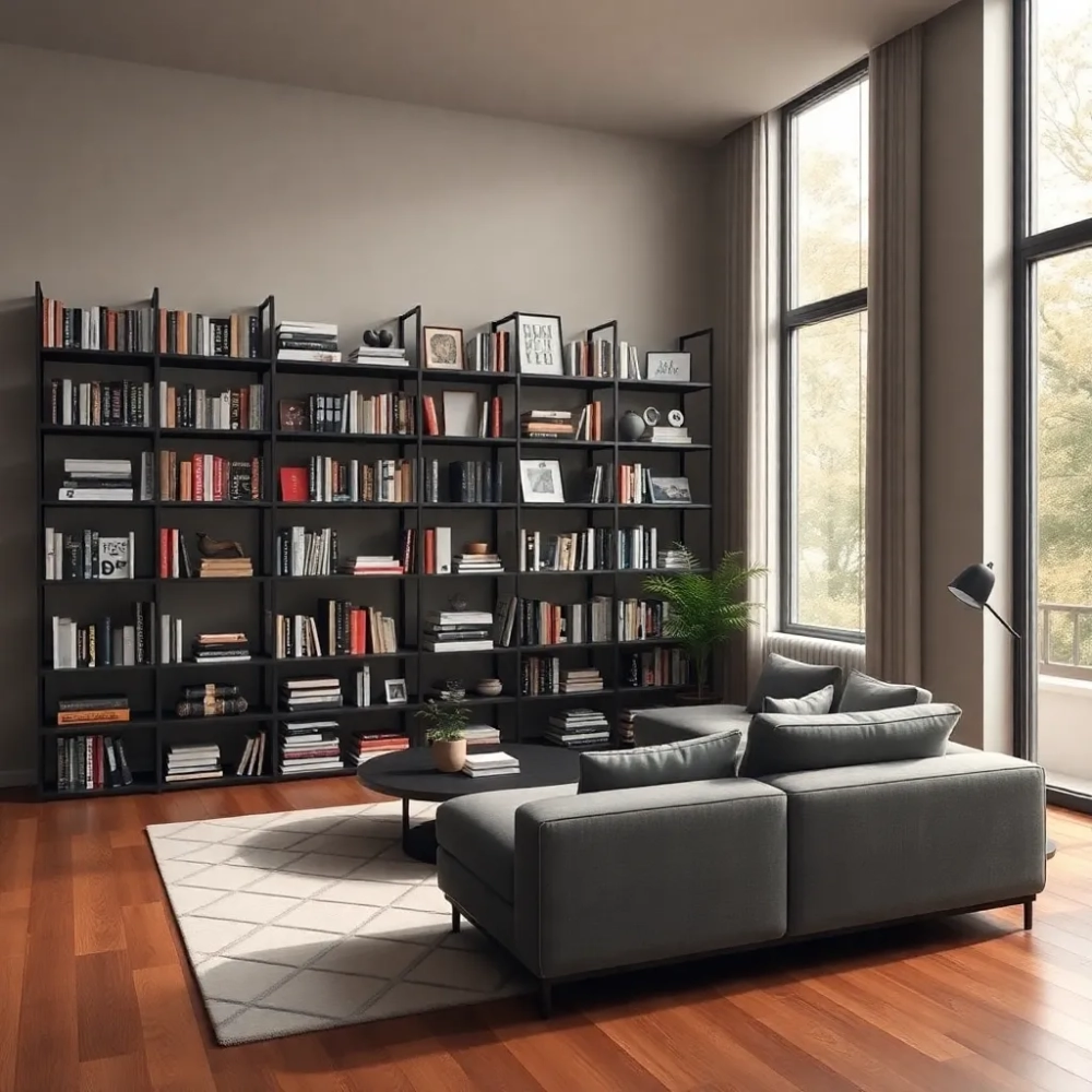 Nowoczesna biblioteczka w salonie