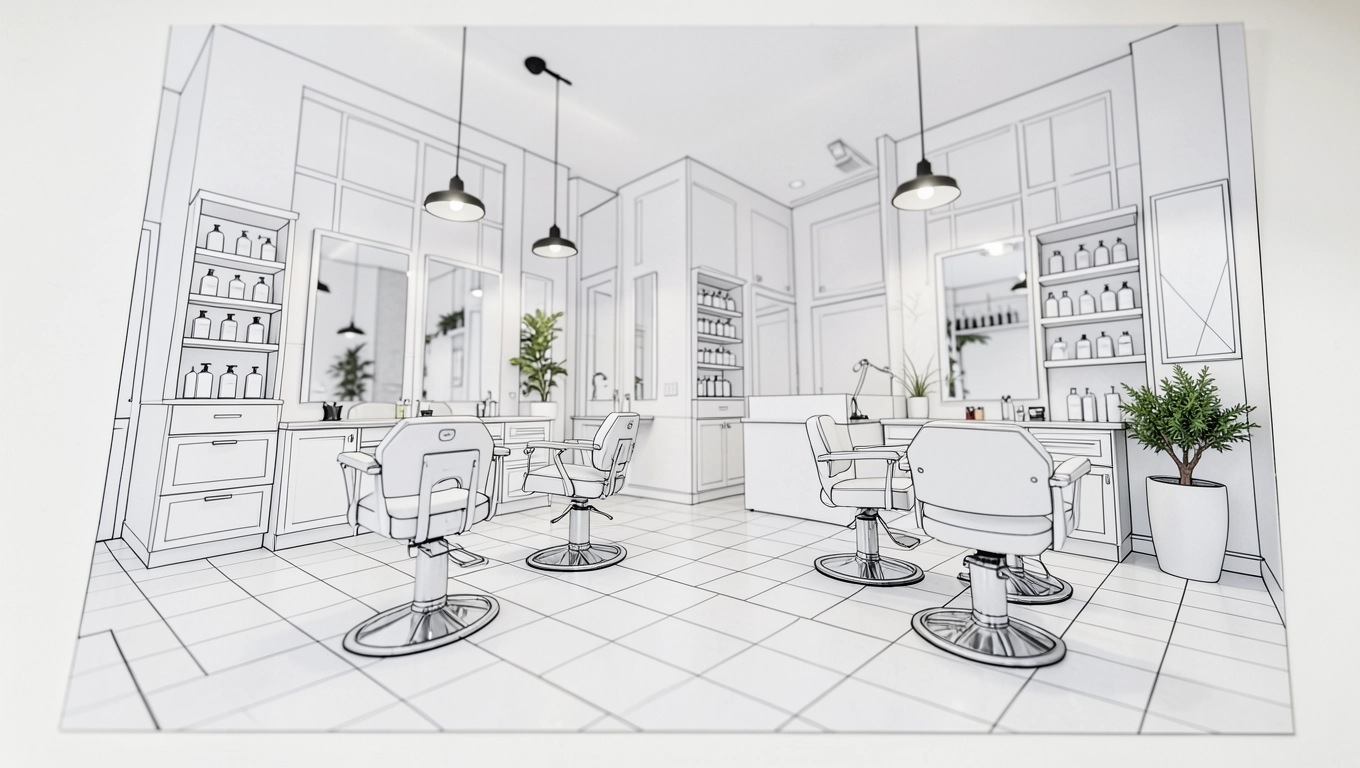 Projekt salonu fryzjerskiego rysunek z opisem