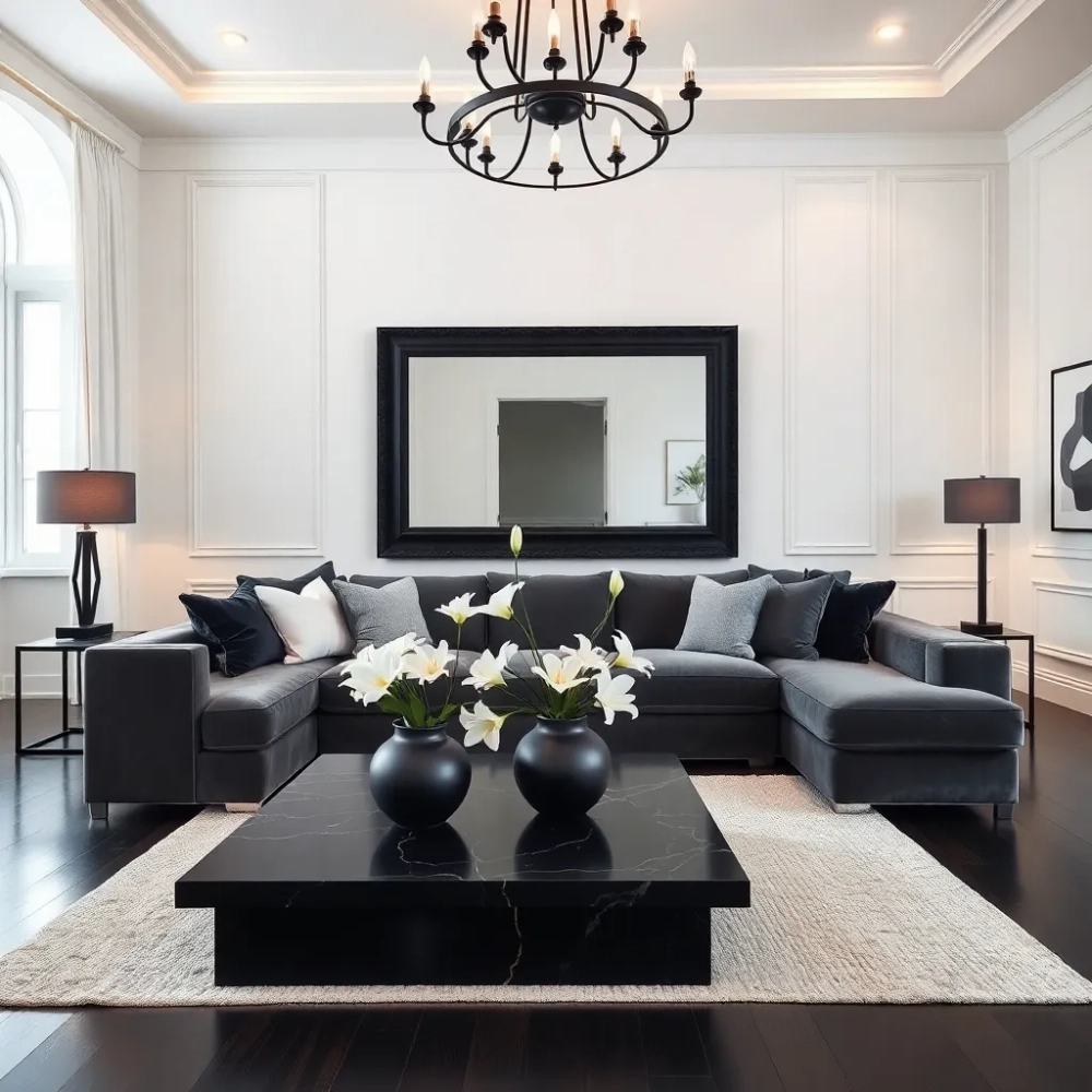 Salon z czarnymi dodatkami