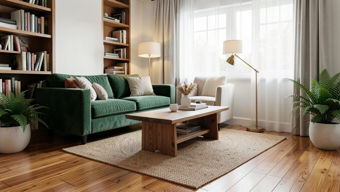 Salon z drewnianą podłogą