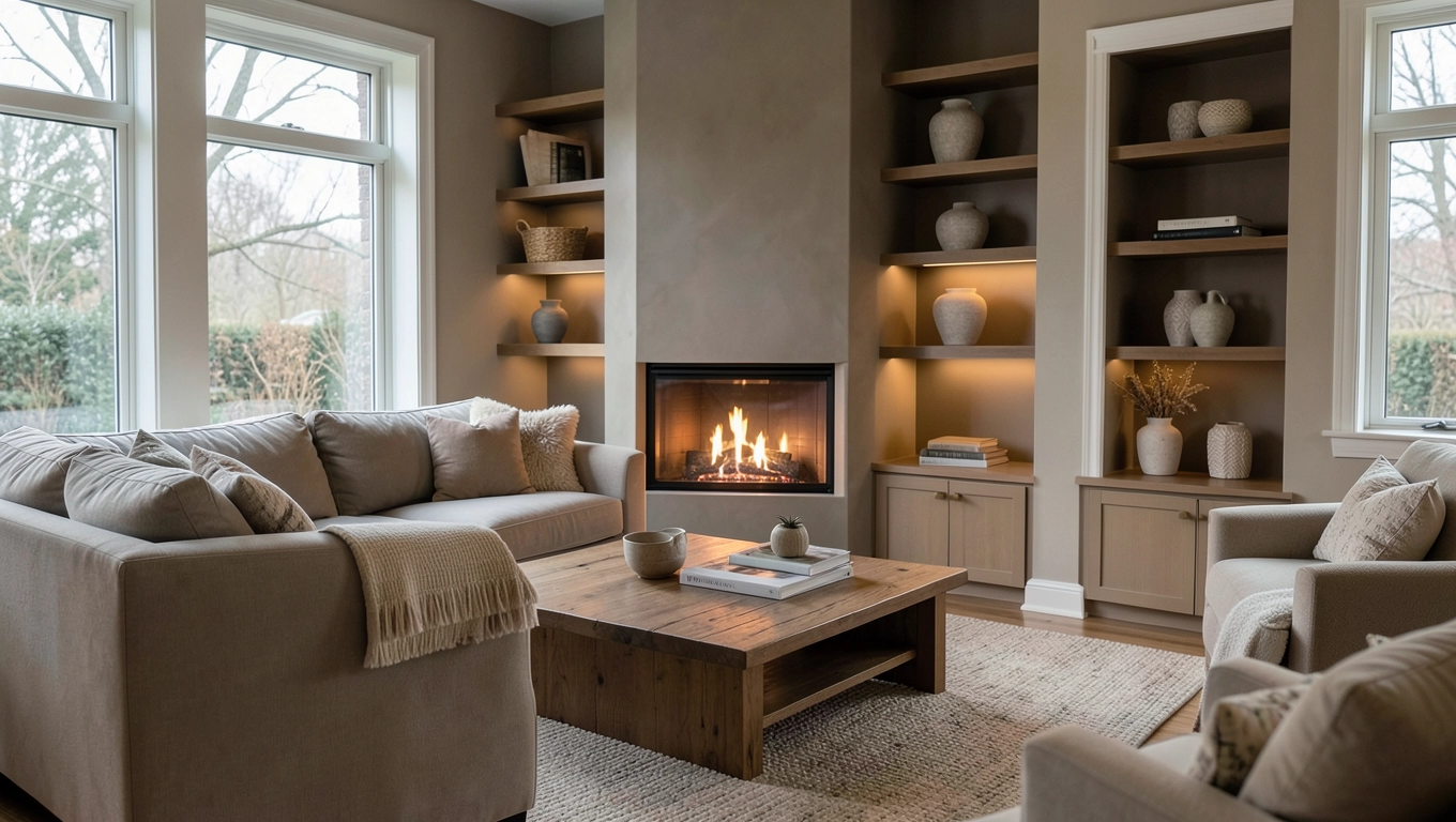 Salon z kominkiem narożnym inspiracje