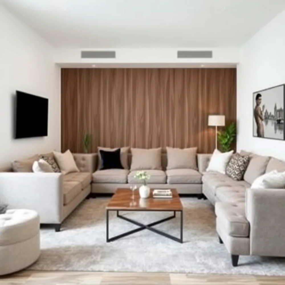 Salon z narożnikiem i stołem