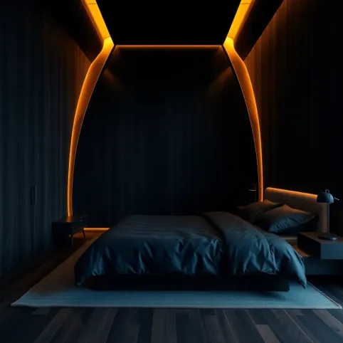 Czarna sypialnia z drewnem