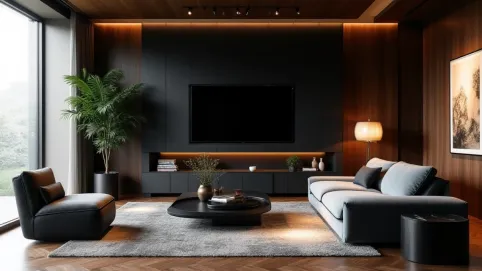 Nowoczesny salon z ciemnymi meblami