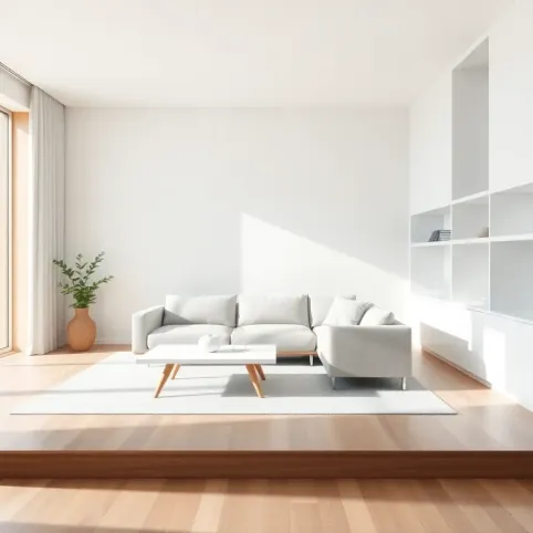 Salon biało szary z drewnem