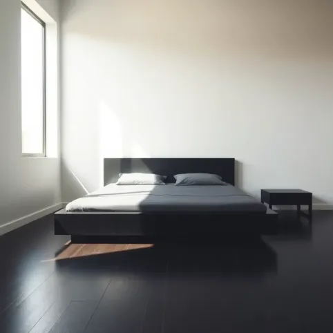 Sypialnia z czarnym łóżkiem