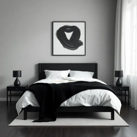 Szara sypialnia z czarnymi dodatkami