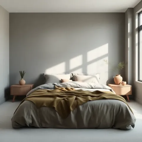 Szara sypialnia z zielonymi dodatkami