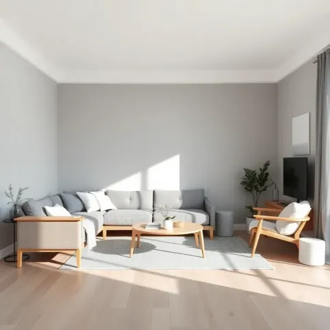 Szary salon z drewnem