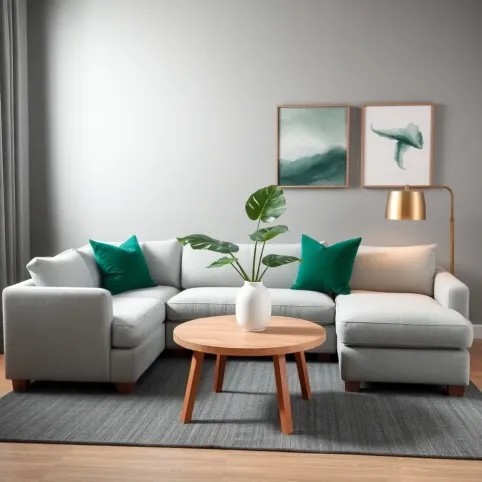 Szary salon z zielonymi dodatkami