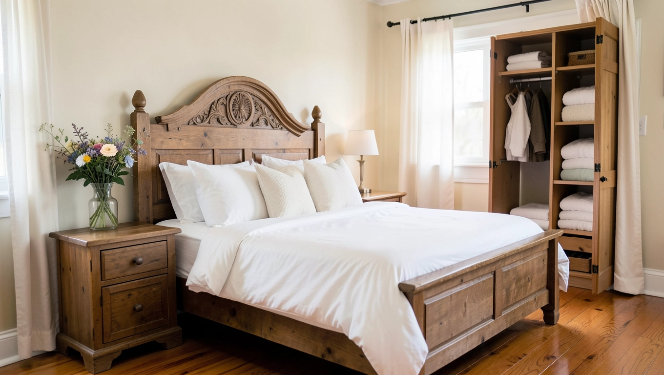 Sypialnia z drewnianym łóżkiem