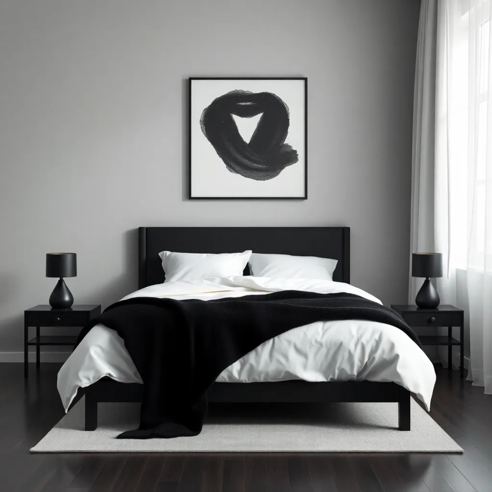 Szara sypialnia z czarnymi dodatkami