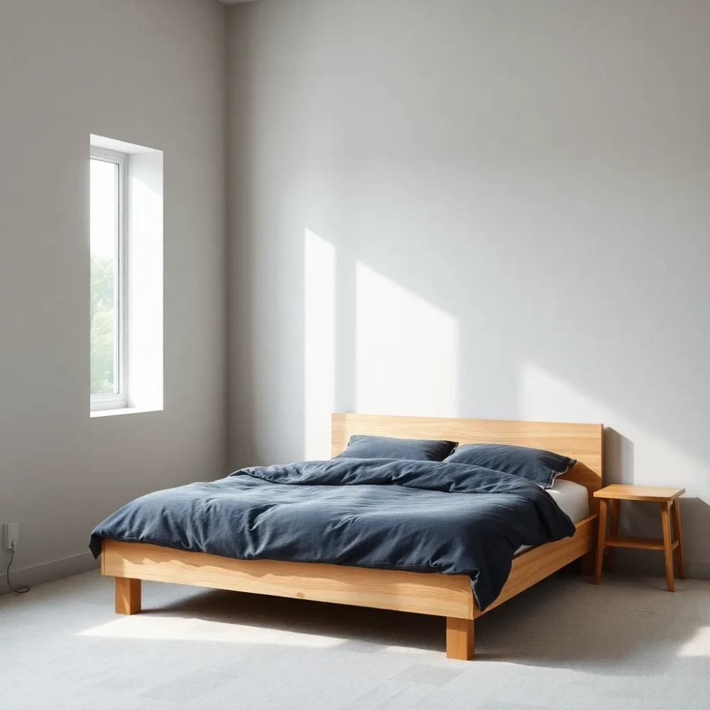 Szara sypialnia z drewnem