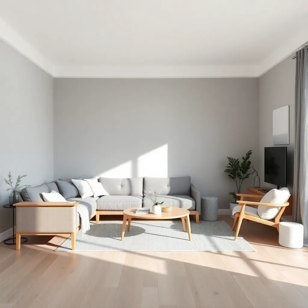 Szary salon z drewnem