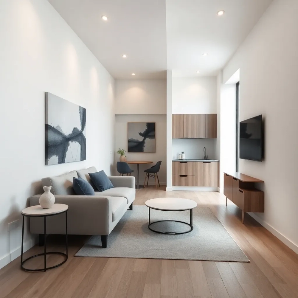 Wąski salon z aneksem